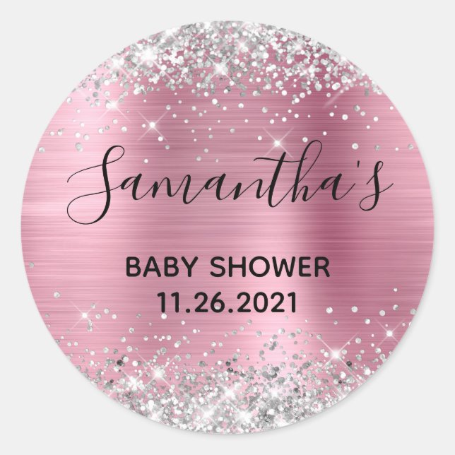 Sticker Rond Baby shower à huile rose Parties scintillant argen (Devant)