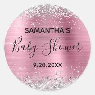 Sticker Rond Baby shower à huile rose Parties scintillant argen