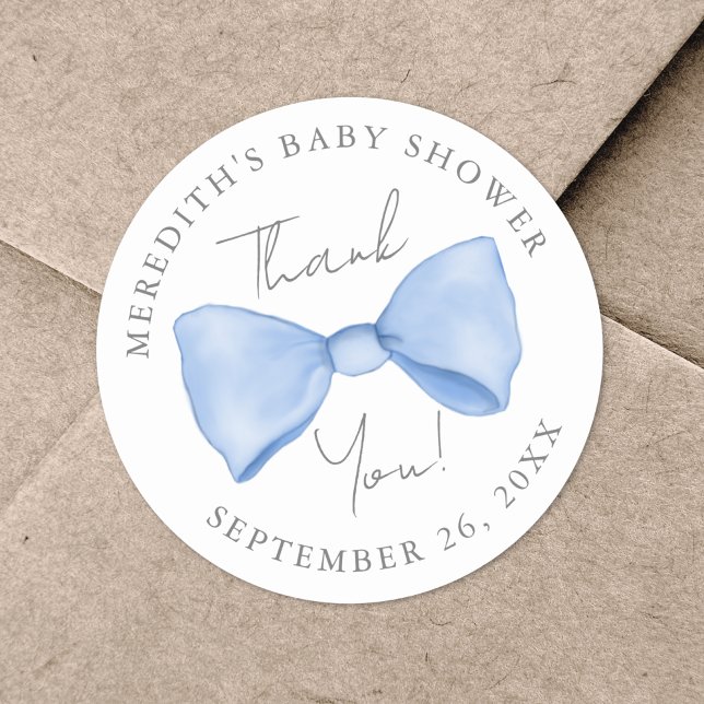 Sticker Rond Baby Shower à l'Arc Bleu (Blue Bow Baby Shower Classic Round Sticker )