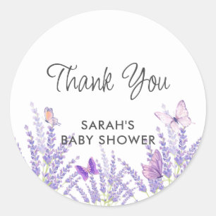 Sticker Rond Baby shower à papillon de la lavande de prairie