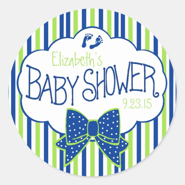 Sticker Rond Baby shower à rayures vertes et bleues (Devant)