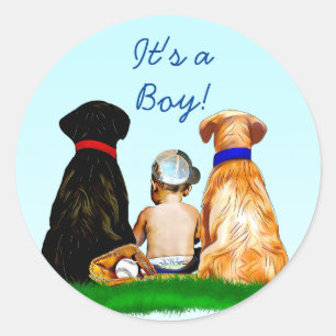 Sticker Rond Baby shower à thème de baseball et de chiens