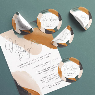 Sticker Rond Baby shower abstrait en terre cuite verte