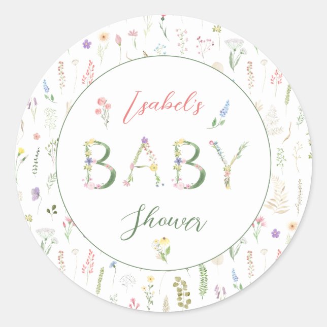 Sticker Rond Baby shower Alphabet Floral Aquarelle (Devant)