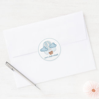 Sticker Rond Baby Shower Animal Bleu & Blanc Éditable