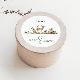 Sticker Rond Baby shower Animaux Bois Avec Nom Favoriser