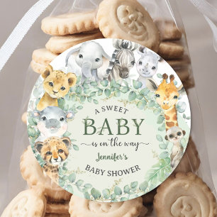 Sticker Rond Baby Shower Animaux de la Jungle Tropicale Safari