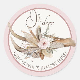 Sticker Rond Baby shower Antler Cerf de Bois Rose Favoriser