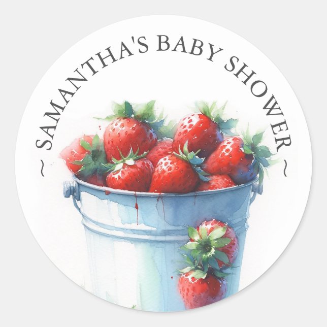 Sticker Rond Baby Shower aquarelle aux fraises (Devant)
