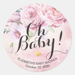Sticker Rond Baby shower Aquarelle Bohème Fleurs & Plumes