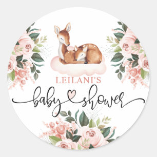 Sticker Rond Baby shower Aquarelle Cerf rose Floral