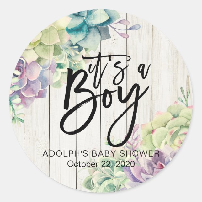 Sticker Rond Baby shower Aquarelle Succulent Plantes Bois blanc (Devant)