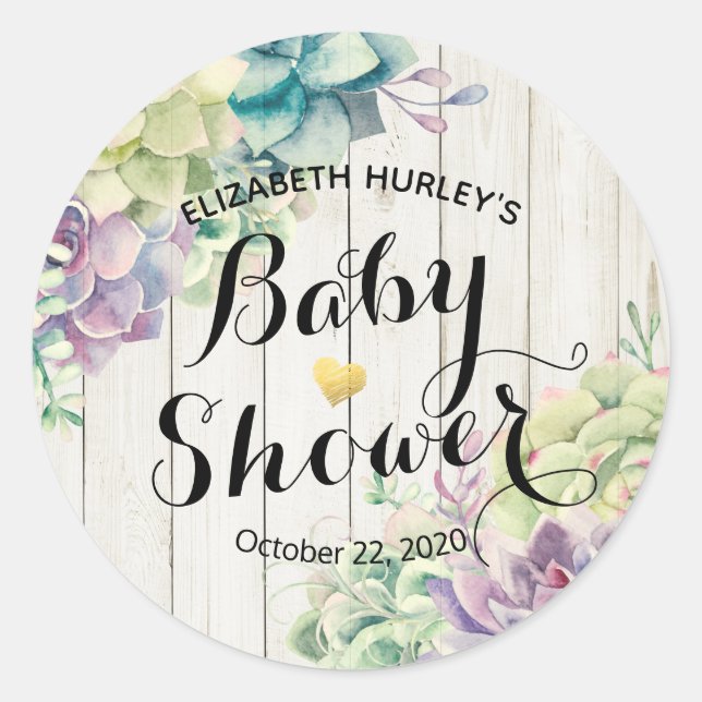 Sticker Rond Baby shower Aquarelle Succulent Plantes Bois blanc (Devant)