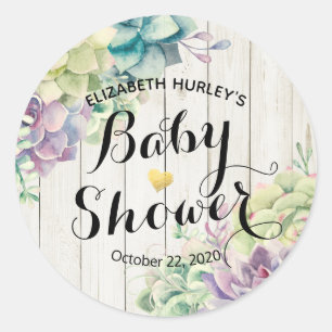 Sticker Rond Baby shower Aquarelle Succulent Plantes Bois blanc
