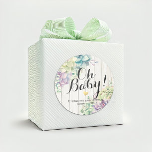 Sticker Rond Baby shower Aquarelle Succulent Plantes Bois blanc