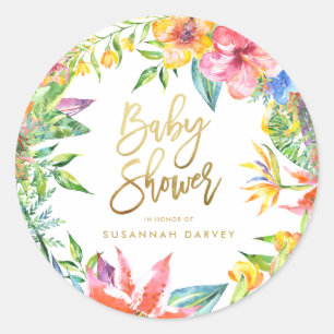 Sticker Rond Baby shower   Aquarelle tropicale Or