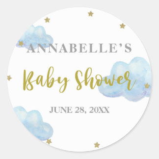 Sticker Rond Baby shower Aquarelle Twinkle Star Blue Clouds