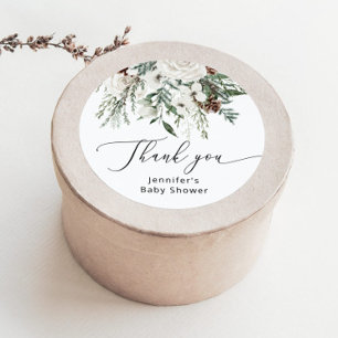 Sticker Rond Baby shower arbre de pin toujours vert en hiver 