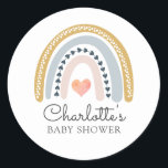 Sticker Rond Baby shower arc-en-ciel Boho<br><div class="desc">Autocollant de baby shower d'aquarelle boho pastel moderne, simple et sucré, avec un petit centre de coeur rose et des teintes roses, bleues et moutarde. Un style parfait pour tout baby shower de genre. Couleurs douces coupées. Consultez la collection complète des produits correspondants pour cette conception à l'adresse suivante :...</div>