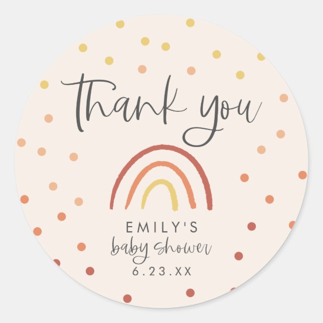 Sticker Rond Baby shower arc-en-ciel rose en terre cuite Merci (Devant)