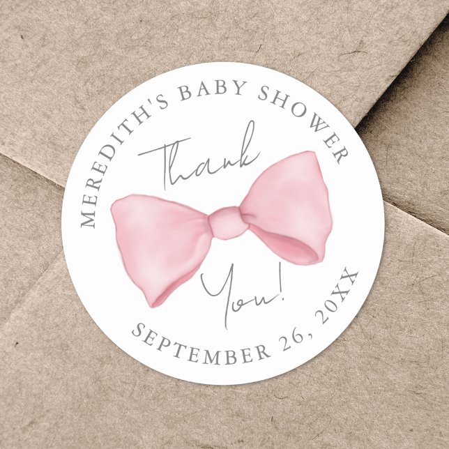 Sticker Rond Baby Shower au Ruban Rose (Pink Bow Baby Shower Classic Round Sticker)