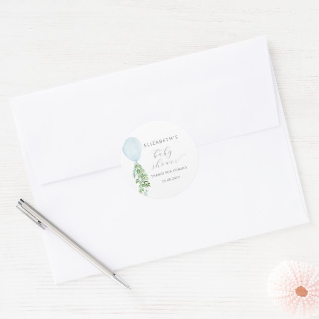 Sticker Rond Baby Shower au thème Eucalyptus Ballon Bleu (Enveloppe)