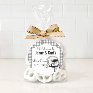 Sticker Rond Baby shower Autruche Gingham Gris Mignon