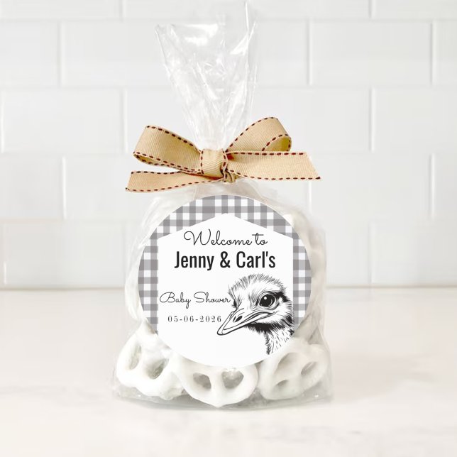 Sticker Rond Baby shower Autruche Gingham Gris Mignon (Créateur téléchargé)