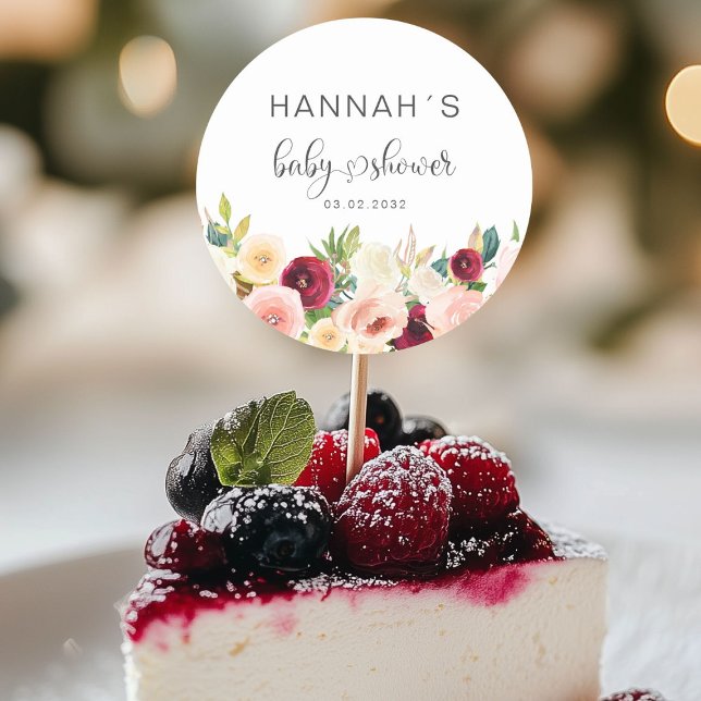 Sticker Rond Baby shower aux fleurs colorées (Colorful Flowers, Baby Shower Classic Round Sticker with your name and date.)