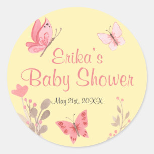 Sticker Rond Baby shower aux papillons floraux rose-jaune