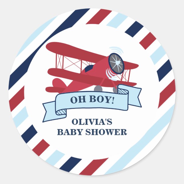 Sticker Rond Baby-Shower Avion Rouge (Devant)