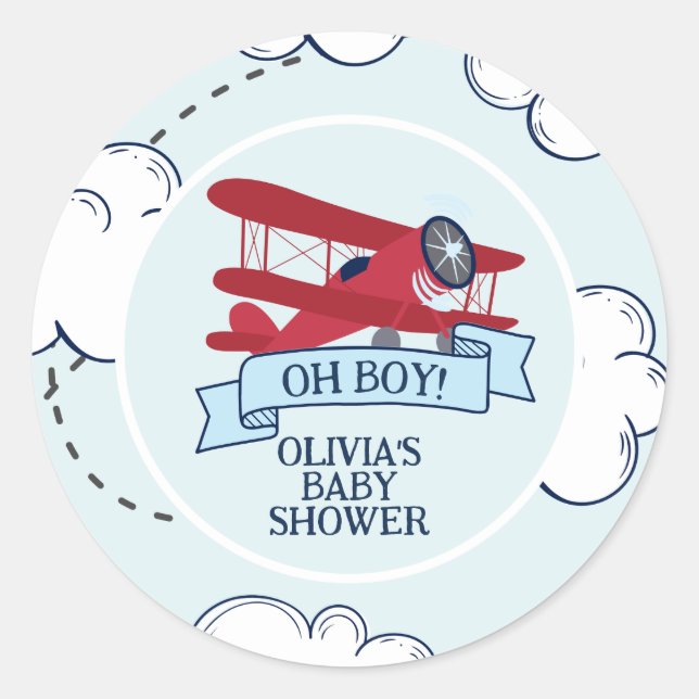 Sticker Rond Baby Shower Avion Rouge (Devant)