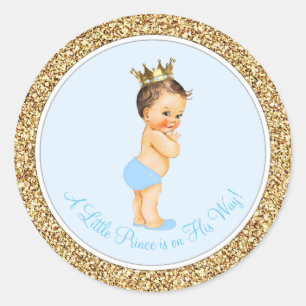 Sticker Rond Baby Shower Baby Blue Gold Prince