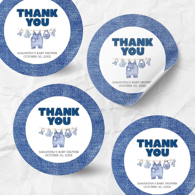 Sticker Rond Baby shower Baby Blue Jean (Blue Jean Denim Baby Shower Sticker)