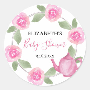 Sticker Rond Baby shower Baby brasse de la théière rose florale