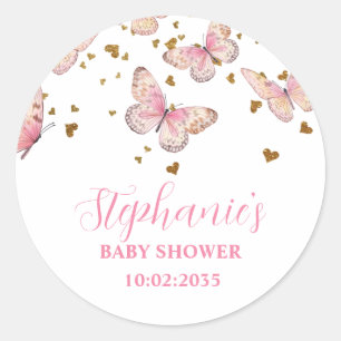 Sticker Rond Baby shower Baisers à papillon rose et or
