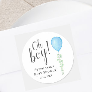Sticker Rond Baby-Shower Ballon Bleu Eucalyptus Garçon