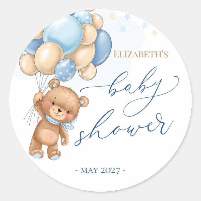 Sticker Rond Baby shower Ballons Bleus Ours Teddy (Devant)