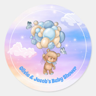 Sticker Rond Baby shower Ballons Bleus Ours Teddy