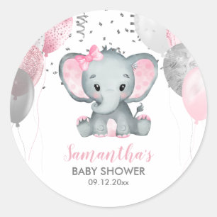 Sticker Rond Baby shower Ballons roses Eléphant fille mignonne