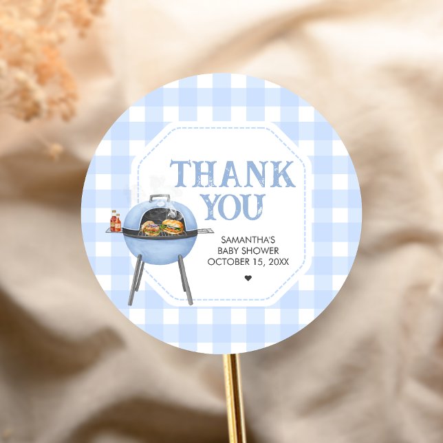 Sticker Rond Baby Shower BBQ Burger Bleu (Bun and Burgers Baby Shower Sticker)