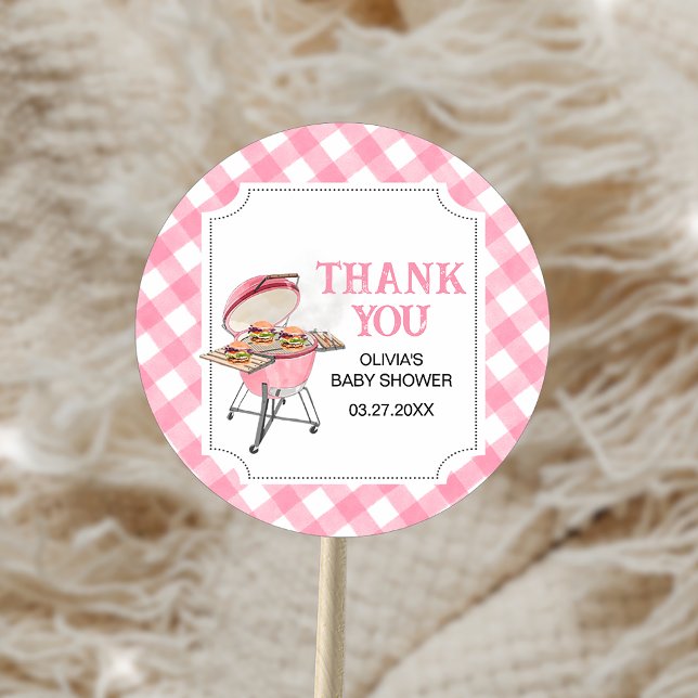 Sticker Rond Baby shower BBQ Burger Rose (Pink Burger BBQ Baby Shower Sticker)