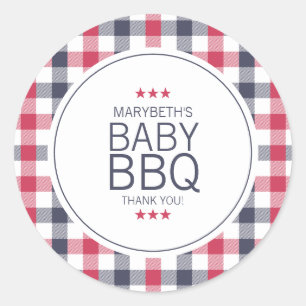 Sticker Rond Baby shower BBQ préppy rouge, blanc et bleu