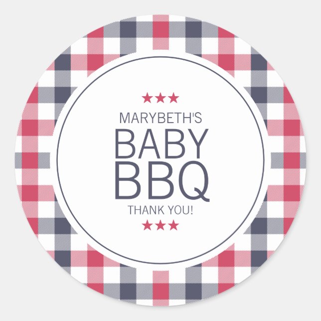 Sticker Rond Baby shower BBQ préppy rouge, blanc et bleu (Devant)