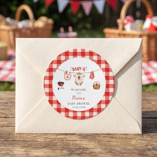 Sticker Rond Baby Shower BBQ Rustique Gingham Rouge