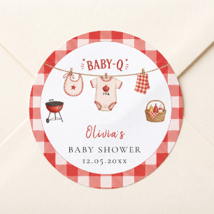 Sticker Rond Baby Shower BBQ Rustique Gingham Rouge