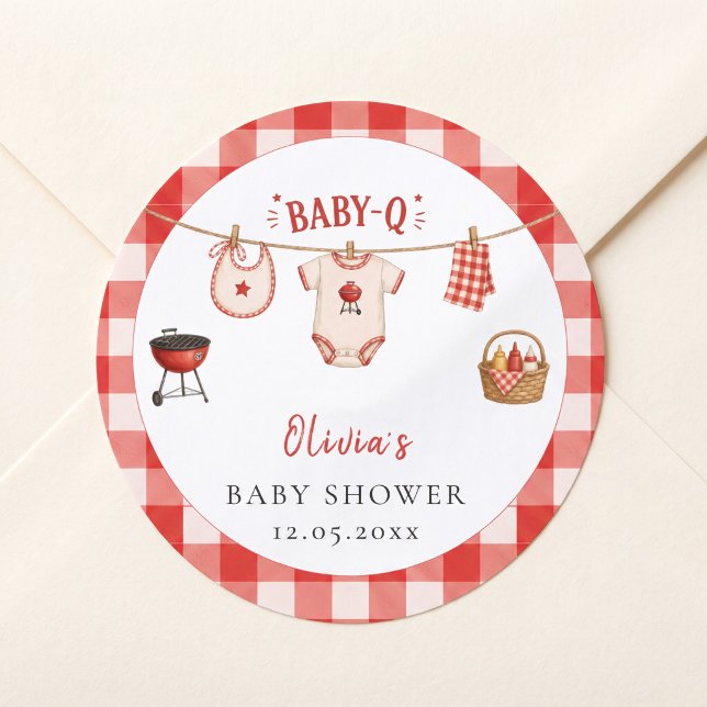 Sticker Rond Baby Shower BBQ Rustique Gingham Rouge (Bbq Baby Shower Rustic Red Gingham Classic Round Sticker)