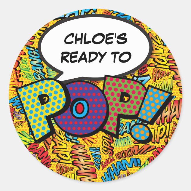 Sticker Rond Baby Shower BD Bande dessinée Prêt à POP (Devant)