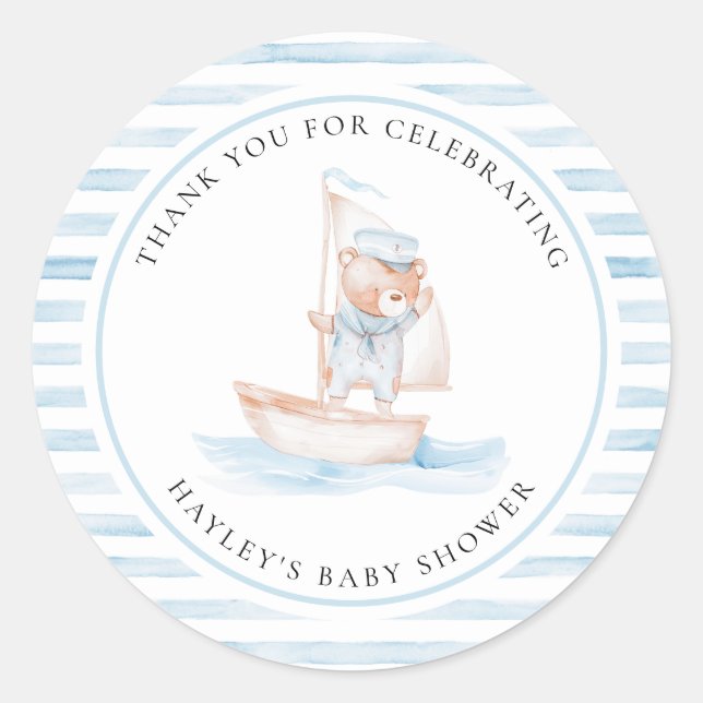 Sticker Rond Baby shower Bear Bleu Stripe (Devant)