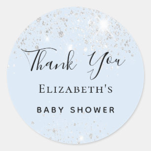 Sticker Rond Baby shower bébé bleu argent parties scintillant M